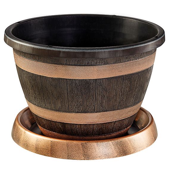 Wooden Barrel Effect Pot & Saucer
