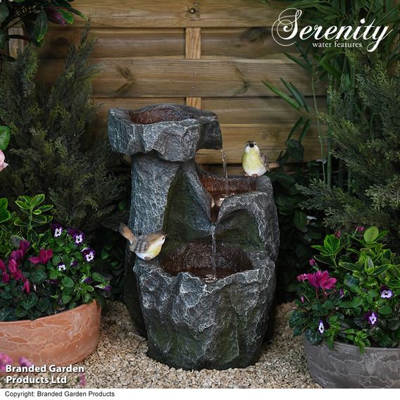 Serenity Cascading Rock Water Feature with Two Birds