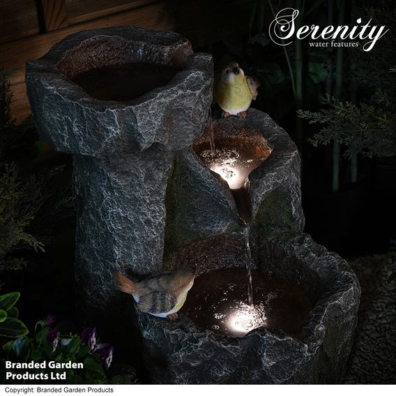 Serenity Cascading Rock Water Feature with Two Birds