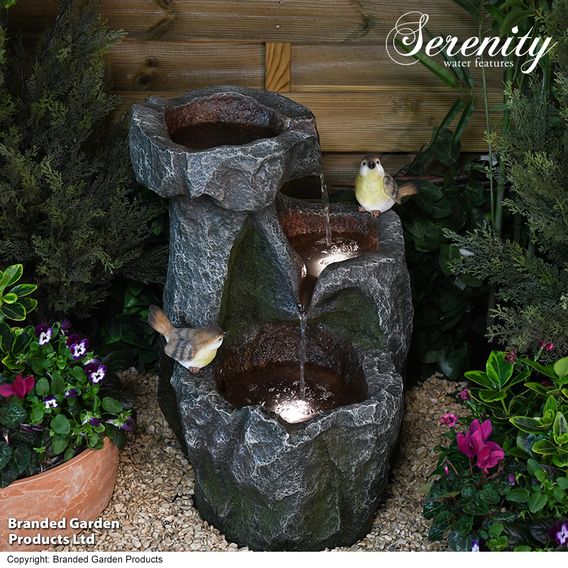 Serenity Cascading Rock Water Feature with Two Birds