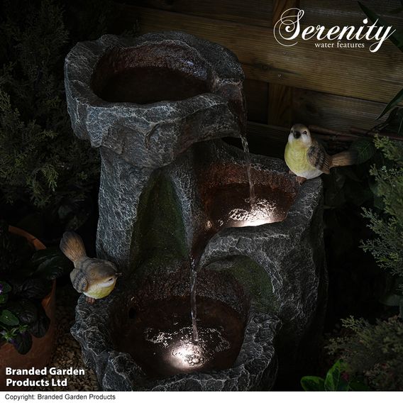 Serenity Cascading Rock Water Feature with Two Birds